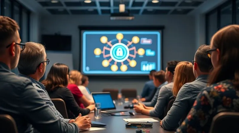 A photorealistic, professional photography, 8K image showing a diverse group of employees engaged in a corporate training session on cybersecurity and intellectual property protection, with a projector screen displaying a secure network diagram. The atmosphere is professional and attentive, with cinematic lighting, sharp focus on the participants, depth of field blurring the background, shot on a high-end DSLR.