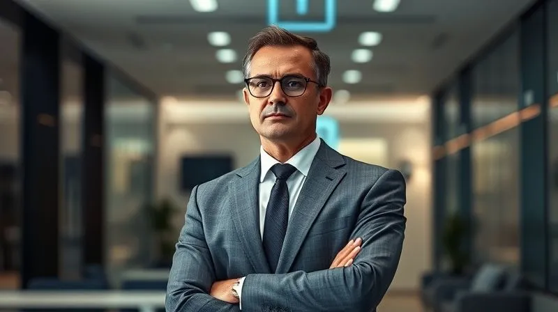 A photorealistic, professional photography, 8K image of a business leader, composed and resolute, standing confidently in a modern, secure office environment, looking towards a bright future. The background shows subtle, abstract digital security elements, symbolizing protection and innovation. Cinematic lighting, sharp focus on the leader's determined expression, depth of field blurring the background, shot on a high-end DSLR.
