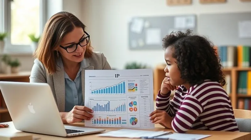 Photorealistic image of a school administrator and a parent reviewing a detailed chart or graph showing student progress data, with a laptop displaying an organized IEP document. The atmosphere is calm and professional, emphasizing data-driven decisions and collaboration. 8K, cinematic lighting, sharp focus, depth of field, shot on a high-end DSLR.