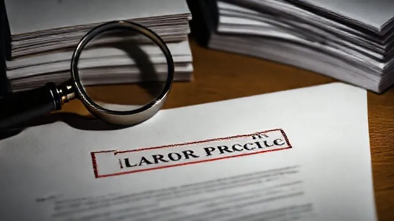 A legal document with an official stamp labeled "Unfair Labor Practice" clearly visible, next to a magnifying glass and a stack of defense briefs, symbolizing the scrutiny and legal response required, photorealistic, professional photography, 8K, cinematic lighting, sharp focus, depth of field, shot on a high-end DSLR.