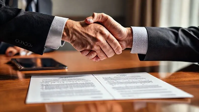 Two hands shaking firmly over a negotiation table with a signed agreement in the foreground, signifying successful resolution and renewed collaboration after a period of deadlock, photorealistic, professional photography, 8K, cinematic lighting, sharp focus, depth of field, shot on a high-end DSLR.