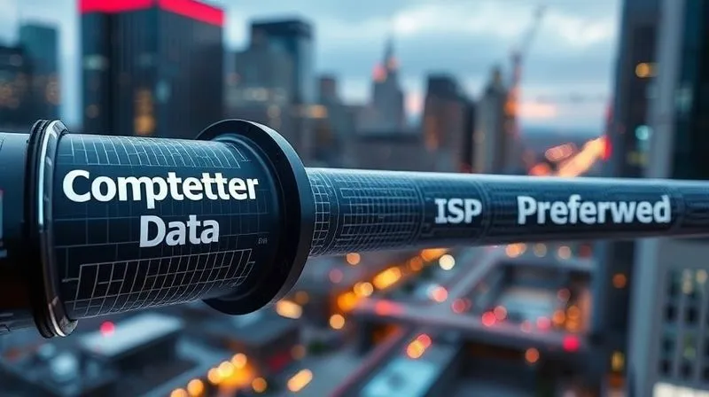 A photorealistic 3D visualization of data flowing through digital pipes, with one pipe clearly constricted and labeled 'Competitor Data', while another wider pipe labeled 'ISP Preferred' flows freely. The background shows a cityscape with digital overlays, professional photography, 8K, cinematic lighting, sharp focus, depth of field, shot on a high-end DSLR.