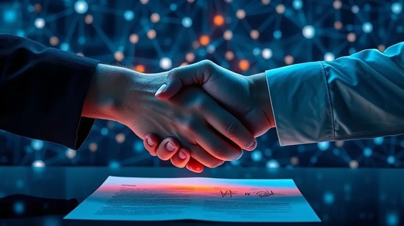 A photorealistic image of two hands shaking firmly over a glowing, intricate digital network diagram, representing a strong, secure contract. A legal document with signatures is visible in the foreground. The scene should convey trust, agreement, and protection in the digital space, professional photography, 8K, cinematic lighting, sharp focus, depth of field, shot on a high-end DSLR.