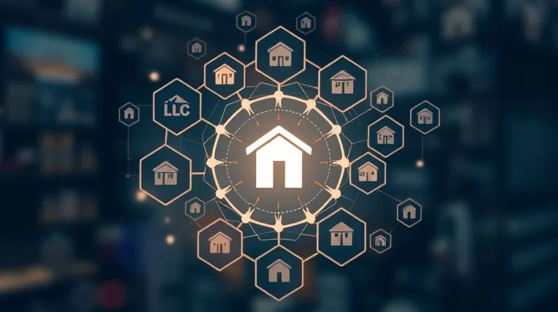 A photorealistic image depicting a complex yet organized legal entity structure, with various interlocking geometric shapes representing LLCs, partnerships, and trusts, each containing miniature property icons. The overall image suggests a strategic, interconnected network designed for efficiency. Cinematic lighting, sharp focus on the central structure, depth of field blurring the background, 8K hyper-detailed, professional photography, shot on a high-end DSLR.