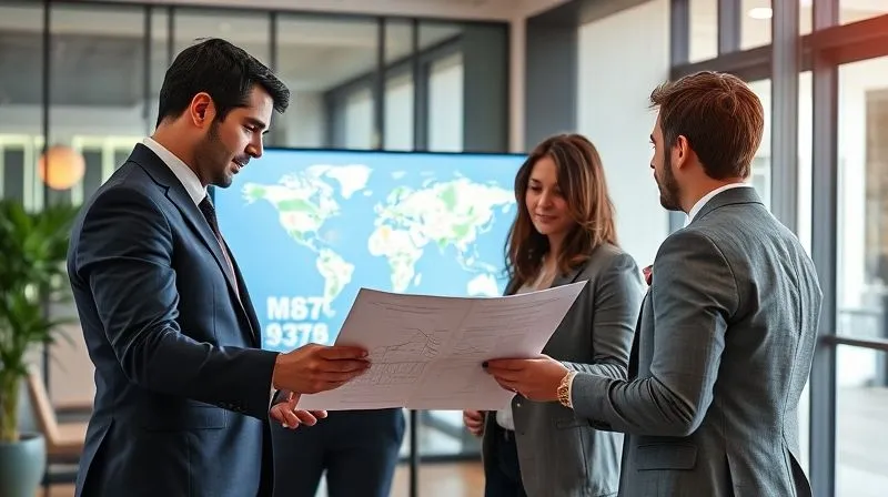 A photorealistic image of a diverse team of professionals (attorney, financial advisor, property manager) collaboratively reviewing complex legal documents and digital maps on a large screen in a modern office. They are engaged in a focused discussion, highlighting teamwork and expertise. Cinematic lighting, sharp focus on the team, depth of field blurring the office background, 8K hyper-detailed, professional photography, shot on a high-end DSLR.