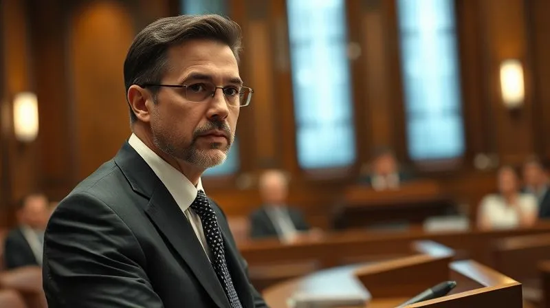 A photorealistic, professional photography image of an expert witness, a distinguished professional in a suit, calmly and confidently testifying in a courtroom setting. The focus is on the witness, with a blurred judge and jury in the background. Cinematic lighting, sharp focus, depth of field, 8K hyper-detailed, shot on a high-end DSLR, conveying authority and truth.