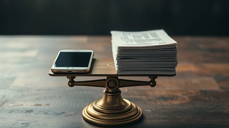 photorealistic, professional photography, 8K, cinematic lighting, sharp focus, depth of field, shot on a high-end DSLR, a weathered brass scale, perfectly balanced, with a smartphone on one side and a stack of official government documents on the other, representing the delicate equilibrium between digital communication and official duties, a sense of fairness and justice, emotionally resonant.