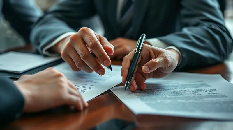 A photorealistic image of hands negotiating over a table with official-looking documents, one hand pushing forward a pen, the other considering. The atmosphere is professional and serious, but with a hint of progress. Cinematic lighting, sharp focus on the hands and documents, depth of field. 8K, professional photography, shot on a high-end DSLR.