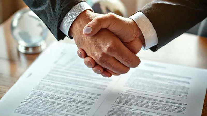 A photorealistic image depicting two hands shaking over a meticulously drafted international contract, with blurred legal texts and a globe in the background. The lighting is warm and reassuring, emphasizing agreement and foresight. Sharp focus on the handshake and contract details, 8K hyper-detailed. Shot on a high-end DSLR.