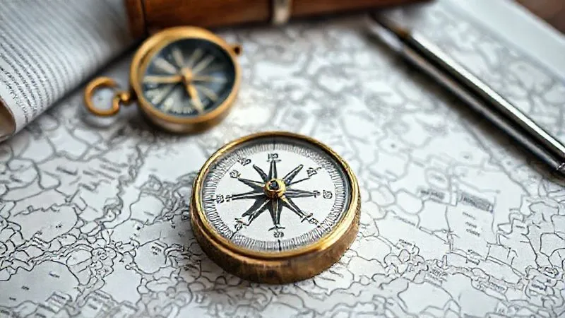 A photorealistic image of a vintage brass compass pointing north on a detailed map, surrounded by legal documents and a pen. The scene suggests careful navigation and strategic planning, with soft, directional cinematic lighting. Sharp focus on the compass and map, depth of field blurring the background, 8K hyper-detailed, professional photography, shot on a high-end DSLR.