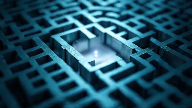 A photorealistic image of a complex, three-dimensional maze or labyrinth, rendered in cool, metallic tones, with a single, faint light source at the center. The pathways are intricate and challenging, symbolizing legal complexities. Cinematic lighting, sharp focus on the maze structure, depth of field blurring the background, 8K hyper-detailed, professional photography, shot on a high-end DSLR.