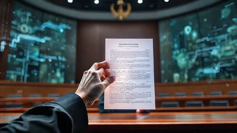 A photorealistic image of a futuristic, glowing legal document being projected onto a judge's bench in a modern courtroom, surrounded by abstract representations of data streams and environmental elements. The judge's hand is poised, contemplating the complex new legal principles. Professional photography, 8K, cinematic lighting, sharp focus on the projected document, depth of field blurring the background, shot on a high-end DSLR. The image conveys the challenge of applying traditional law to future technological and societal issues.