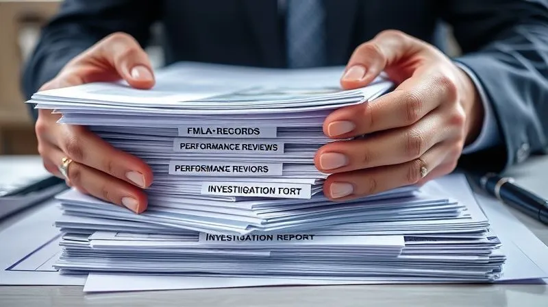 A photorealistic, professional photography, 8K image showing a close-up of hands meticulously organizing a stack of legal documents and files, with labels like 'FMLA Records,' 'Performance Reviews,' and 'Investigation Report.' The hands are wearing professional attire, and the background is a blurred office environment. Cinematic lighting emphasizes the textures of paper and ink, conveying diligence and attention to detail. Sharp focus on the documents, depth of field blurring the surroundings, shot on a high-end DSLR.