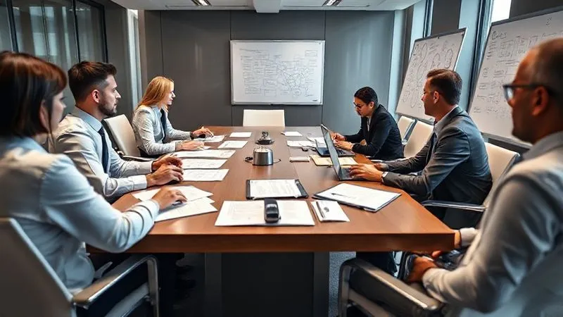 Photorealistic, professional photography, 8K, cinematic lighting, sharp focus, depth of field, shot on a high-end DSLR. A legal team in a modern, well-lit conference room, intensely strategizing around a large table with legal documents, laptops, and a whiteboard covered with tactical notes, conveying focused preparation for a complex legal challenge.