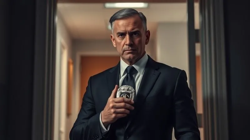 A photorealistic image of a stern-faced IRS Special Agent in a dark suit, holding an official badge, standing at the threshold of a dimly lit office doorway. The agent's expression is serious and focused, with cinematic lighting highlighting the metallic gleam of the badge. Sharp focus on the agent, depth of field blurring the interior of the office, 8K hyper-detailed, professional photography.