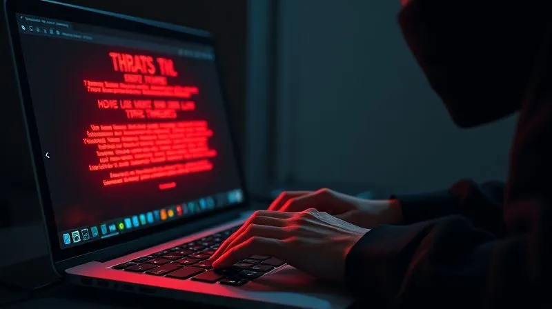 A photorealistic image of a person's hand typing on a laptop keyboard in a dimly lit room, with menacing, glowing red text appearing on the screen, representing online threats. The person's face is obscured by shadow, conveying anonymity and potential malice. Cinematic lighting, sharp focus on the screen and hands, depth of field. Shot on a high-end DSLR, 8K hyper-detailed.