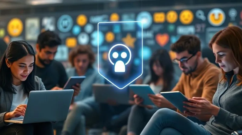 A photorealistic image of a diverse group of people engaging in online discussions on various devices (laptops, phones), with a subtle, glowing digital barrier or shield metaphorically protecting them from harmful symbols (like angry emojis or threatening words) that are blurred in the background. Cinematic lighting, sharp focus on the people and their devices, depth of field. Shot on a high-end DSLR, 8K hyper-detailed.