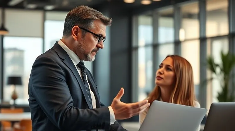 A photorealistic image of a professional manager having an empathetic conversation with a key employee in a modern, well-lit office. The employee appears concerned but is listening attentively, while the manager offers reassurance and support. Cinematic lighting, sharp focus on their faces, depth of field blurring the background, 8K hyper-detailed, professional photography, shot on a high-end DSLR, conveying support and understanding.