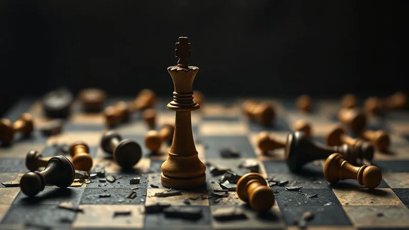 A photorealistic image of a single, isolated chess piece (a king) standing alone on a cracked and broken chessboard, with the surrounding pieces scattered and out of play. The lighting is stark and dramatic, emphasizing solitude and the aftermath of a difficult battle. Sharp focus on the king, depth of field blurring the chaotic background, 8K hyper-detailed, shot on a high-end DSLR, professional photography.
