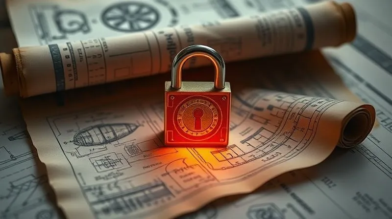 A photorealistic image of a vintage scroll being unrolled, revealing intricate blueprints and technical drawings, with a modern digital padlock icon overlaid, symbolizing the choice between public disclosure and trade secret protection. Cinematic lighting, sharp focus on the scroll and padlock, depth of field, 8K hyper-detailed, professional photography, shot on a high-end DSLR.
