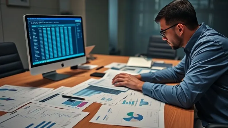 A photorealistic, professional photography, 8K, cinematic lighting, sharp focus, depth of field, shot on a high-end DSLR, depicting a forensic accountant meticulously examining a digital spreadsheet on a computer, with physical financial documents and charts spread out on a large conference table. The scene emphasizes precision, deep analysis, and expert investigation.