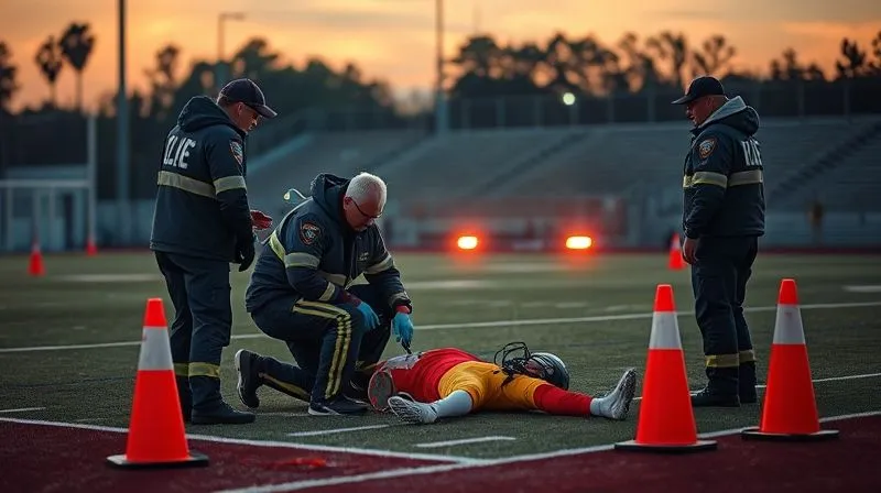 photorealistic, professional photography, 8K, cinematic lighting, sharp focus, depth of field, shot on a high-end DSLR. A team of emergency medical responders attending to an injured athlete on a well-lit sports field at dusk. One medic is providing care, another is communicating on a radio, and a third is securing the immediate area with cones. The scene emphasizes professional, urgent, and calm medical intervention with a sense of urgency.