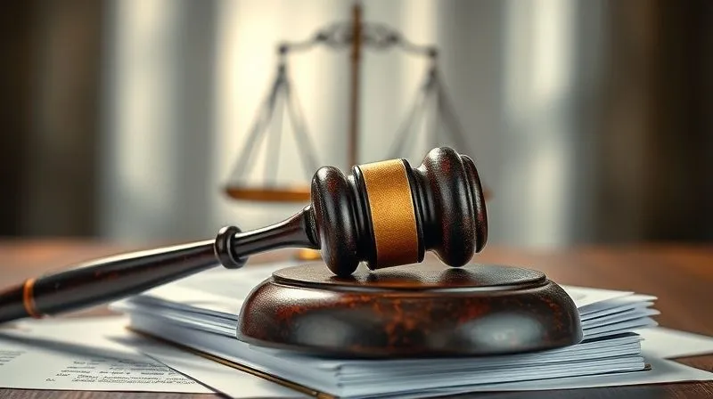 photorealistic, professional photography, 8K, cinematic lighting, sharp focus, depth of field, shot on a high-end DSLR. A weathered gavel resting on a stack of legal documents with a blurred silhouette of scales of justice in the background. The lighting is dramatic, emphasizing the gravity and weight of legal proceedings and the concept of justice.