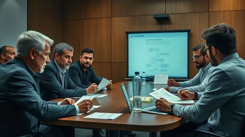 photorealistic, professional photography, 8K, cinematic lighting, sharp focus, depth of field, shot on a high-end DSLR. A diverse group of sports facility managers and coaches sitting around a conference table, engaged in a serious debriefing session. They are reviewing documents and a projected flowchart, with expressions of thoughtful concern and collaboration. The lighting is focused on the table, creating an atmosphere of intense discussion and problem-solving.