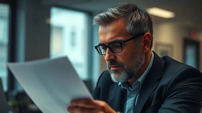 A photorealistic, professional photography image of a business owner looking thoughtfully at an official letter, a subtle furrow in their brow, in a well-lit but slightly tense office environment. The scene should convey a moment of serious contemplation and the weight of responsibility. 8K hyper-detailed, cinematic lighting, sharp focus on the individual and the letter, depth of field blurring the background, shot on a high-end DSLR.