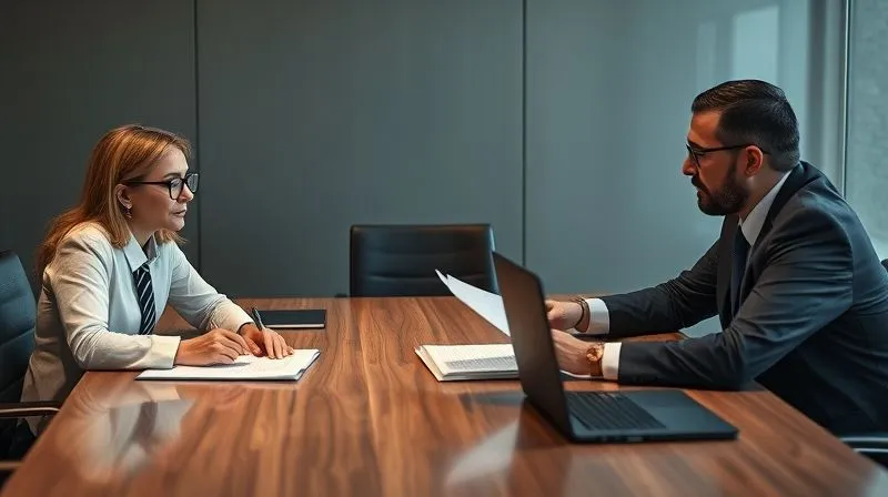 A photorealistic, professional photography image of an intense but professional meeting taking place around a large conference table. Two business representatives (one appearing as a tax attorney, the other a CPA) are calmly engaging with an auditor, who is looking intently at a document. The table is neatly arranged with binders and a laptop, conveying a sense of structured discussion and careful consideration. 8K hyper-detailed, cinematic lighting, sharp focus on the interactions, depth of field blurring the background, shot on a high-end DSLR.