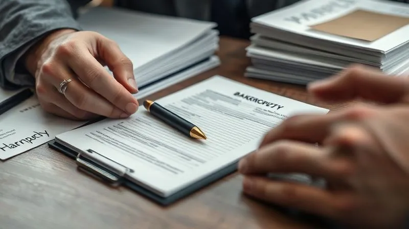 A photorealistic image of a legal pad with handwritten notes and a pen, next to a stack of bankruptcy documents, with a serious attorney's hands blurred in the foreground, suggesting a moment of critical decision. Professional photography, 8K, cinematic lighting, sharp focus on the notes, depth of field, shot on a high-end DSLR.