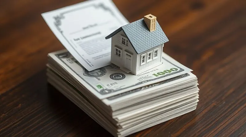 A stack of crisp dollar bills with a small, stylized house figurine on top, secured by a legal document with a signature visible. The image conveys financial security and legal protection. Photorealistic, professional photography, 8K, cinematic lighting, sharp focus, depth of field.