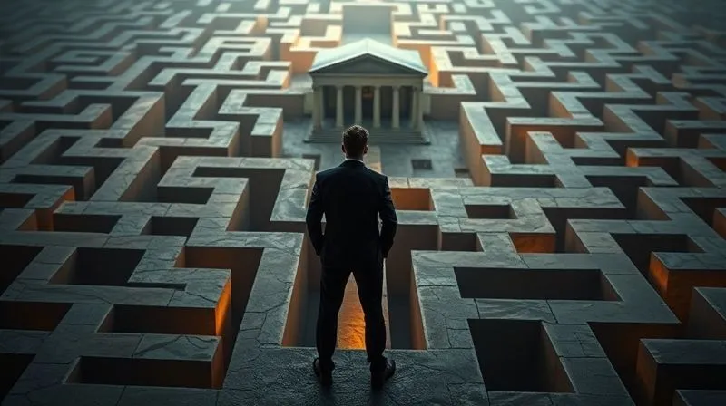 A photorealistic image depicting a complex legal maze or labyrinth, with a silhouette of a business person standing at a crossroads, looking at multiple challenging paths ahead. The pathways are illuminated by dramatic, cinematic lighting, emphasizing the difficulty and strategic choices involved in navigating Chapter 11 confirmation hurdles. Sharp focus on the figure and maze, depth of field blurring a distant courthouse. 8K hyper-detailed, shot on a high-end DSLR.