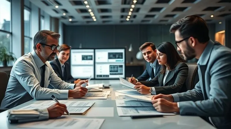 A photorealistic, professional photography image of a diverse team of financial and legal experts collaborating around a large table, reviewing complex documents and digital projections. The atmosphere is focused and professional, with cinematic lighting highlighting their serious expressions and the detailed paperwork. Sharp focus on the team and documents, depth of field blurring the background of a modern office. 8K hyper-detailed, shot on a high-end DSLR.