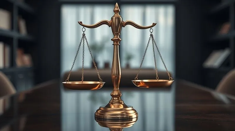 A photorealistic image of a highly detailed, polished bronze scale of justice, perfectly balanced, with a subtle glow, symbolizing integrity and reputation. It's placed on a dark, reflective surface in a sophisticated law office setting. 8K, cinematic lighting, sharp focus on the scales, depth of field blurring the background, shot on a high-end DSLR.