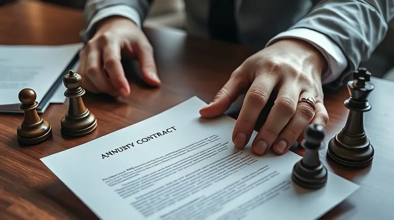 A photorealistic, professional photography, 8K, cinematic lighting, sharp focus, depth of field, shot on a high-end DSLR image of hands meticulously arranging legal documents, including a promissory note and an annuity contract, on a polished wooden desk. There are strategically placed chess pieces nearby, symbolizing careful planning and legal strategy. The atmosphere is one of focused problem-solving.