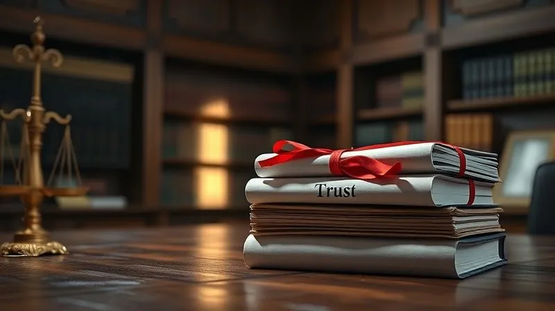 A photorealistic, professional photography, 8K, cinematic lighting, sharp focus, depth of field, shot on a high-end DSLR image of a stack of legal trust documents bound with a red ribbon, resting on a heavy oak table in a dimly lit, traditional law office. A single beam of light illuminates the 'Trust' title, emphasizing its importance and the complexity of legal structures.