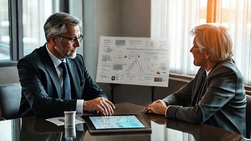 Photorealistic, professional photography, 8K, cinematic lighting, sharp focus, depth of field, shot on a high-end DSLR. A lawyer and a client sitting at a table, with the lawyer pointing to a complex but clear infographic or timeline on a tablet screen, explaining a legal concept. The client looks engaged and understanding. The scene is well-lit and professional.