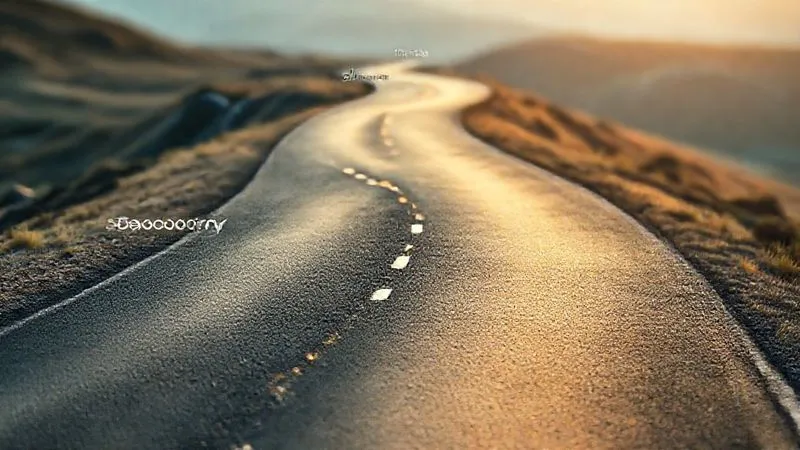 Photorealistic, professional photography, 8K, cinematic lighting, sharp focus, depth of field, shot on a high-end DSLR. A visual metaphor of a winding road or path, with milestones labeled "Discovery," "Mediation," "Trial," and varying financial values at each point, illustrating the changing nature of a case's worth over time. The road should be well-defined against a slightly blurred legal landscape, conveying progression and uncertainty.