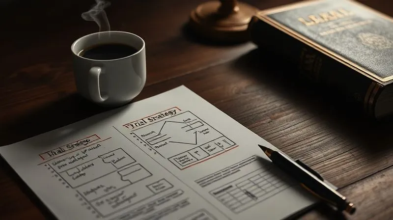 A photorealistic image of a legal pad with handwritten notes and diagrams, representing trial strategy, next to a steaming cup of coffee and a well-worn law book. The setting is a dimly lit, focused workspace, conveying dedication and intense preparation. The lighting is cinematic, casting soft shadows, with sharp focus on the notes and a blurred background. 8K hyper-detailed, professional photography, shot on a high-end DSLR.