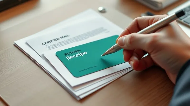A photorealistic image of a neatly organized desk with a stack of official-looking letters, a certified mail receipt, and a green return receipt card, all meticulously arranged in a folder. Cinematic lighting, sharp focus on the documents, depth of field blurring a professional hand holding a pen, 8K hyper-detailed.