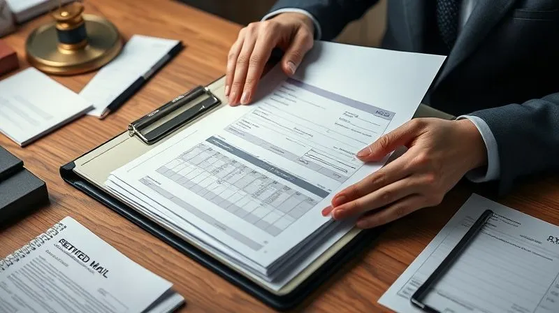 A photorealistic image of a person meticulously organizing a folder filled with financial documents, receipts, and certified mail slips. The desk is tidy, suggesting careful attention to detail and preparation for a dispute. Professional photography, 8K, cinematic lighting, sharp focus, depth of field, shot on a high-end DSLR.