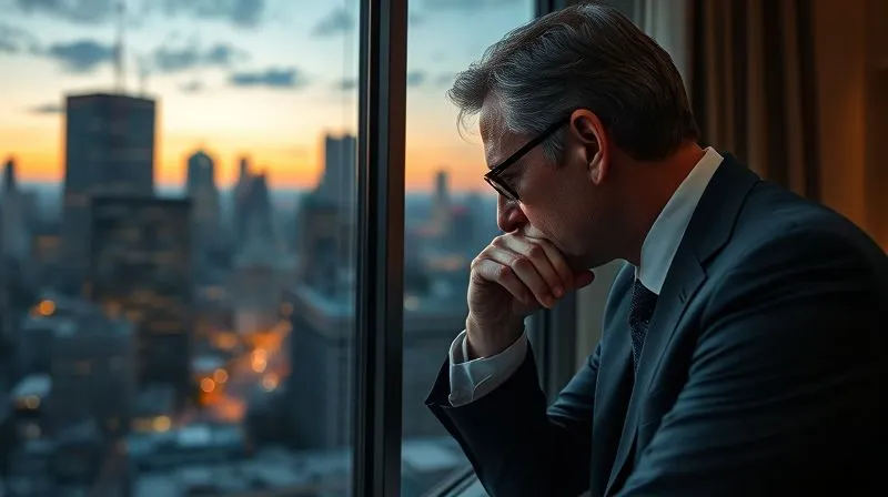 A photorealistic image of a lawyer looking out a window at a city skyline at dusk, head resting on hand, conveying deep thought and the burden of ethical responsibilities, cinematic lighting, sharp focus on the lawyer, depth of field blurring the city, 8K hyper-detailed.