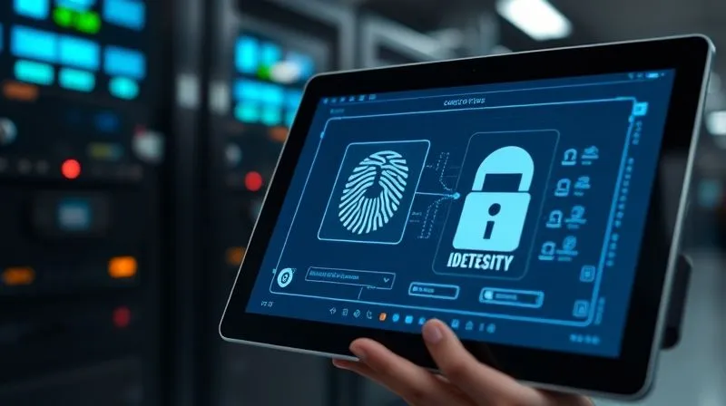 A photorealistic close-up of a digital identity verification process on a tablet screen, biometric scan active, professional setting, 8K, cinematic lighting, sharp focus, depth of field blurring a background of secure servers, shot on a high-end DSLR.
