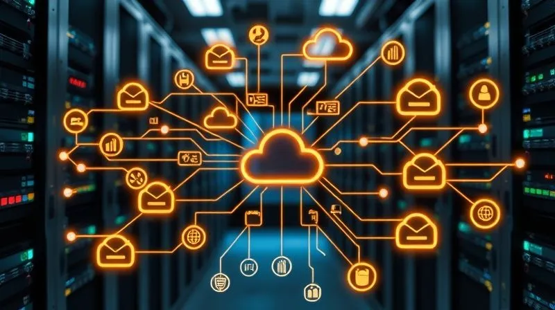 A photorealistic intricate digital data flow diagram, glowing lines connecting various server racks and cloud icons, representing data mapping and deletion workflow. Professional photography, 8K, cinematic lighting, sharp focus on the central data flow, depth of field blurring a background of a modern data center, shot on a high-end DSLR.