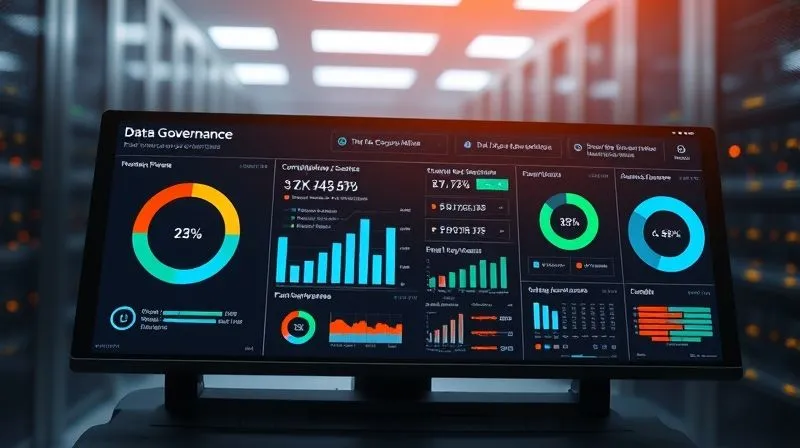 A photorealistic image of a futuristic dashboard displaying key data governance metrics, compliance scores, and real-time privacy risk indicators. Professional photography, 8K, cinematic lighting, sharp focus on the dashboard, depth of field blurring a background of a secure data center, shot on a high-end DSLR.