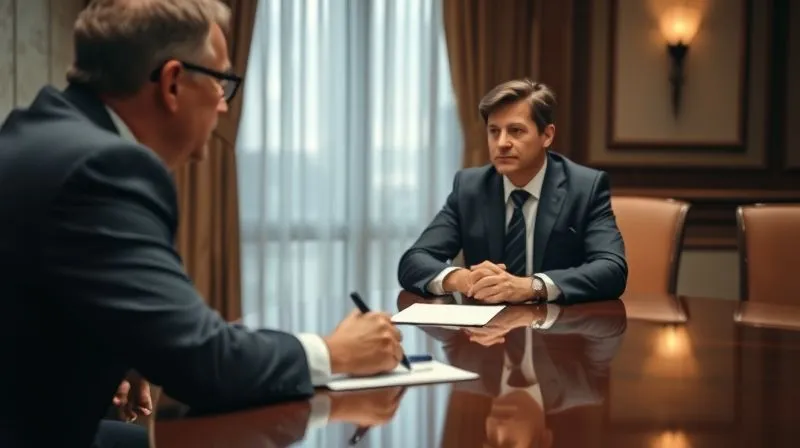A photorealistic, professional photography, 8K, cinematic lighting, sharp focus, depth of field, shot on a high-end DSLR of a person in a professional suit, seated at a polished conference table, looking composed and thoughtful while speaking to an unseen interviewer, with a legal pad and pen in front of them, and a blurred attorney seated beside them, conveying a serious and prepared testimony session.