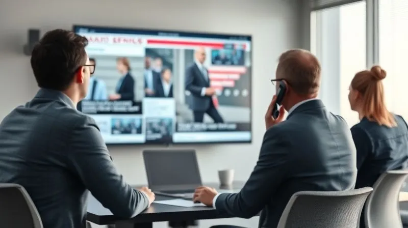 A photorealistic, professional photography, 8K image of a business team in a crisis room, intensely focused on a large screen displaying news headlines, one person speaking calmly on the phone. Cinematic lighting, sharp focus on the team's faces, depth of field blurring the background. Shot on a high-end DSLR.