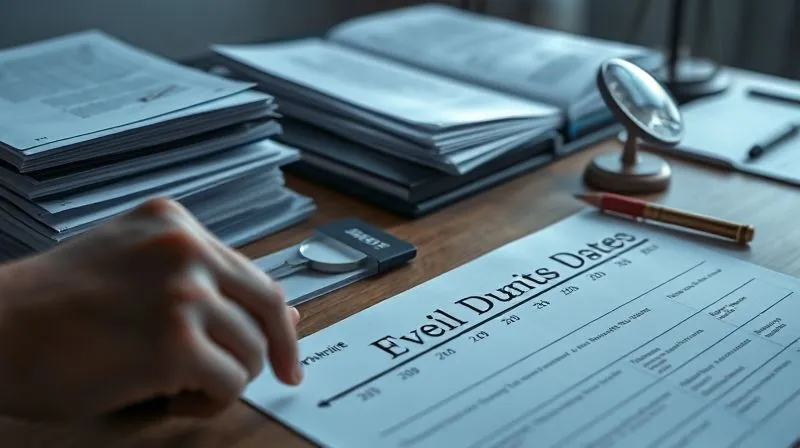 photorealistic, professional photography, 8K, cinematic lighting, sharp focus, depth of field, shot on a high-end DSLR, a meticulously organized desk with stacks of legal documents, a magnifying glass, and a timeline laid out, representing careful evidence gathering, a determined hand pointing to a crucial date.