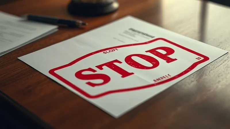 A photorealistic image of a legal document with a large red 'STOP' stamp, representing the automatic stay in bankruptcy, lying on a polished wooden desk. Cinematic lighting, sharp focus on the document, depth of field, 8K hyper-detailed, professional photography.